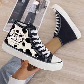 Cow Print Canvas Sneakers - Flat Heighten with Chunky Sole, Durable Non-Slip Traction - Stylish High Tops for Casual Outdoor Walking - Enhanced Cushioning, Lightweight & Breathable