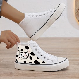 Cow Print Canvas Sneakers - Flat Heighten with Chunky Sole, Durable Non-Slip Traction - Stylish High Tops for Casual Outdoor Walking - Enhanced Cushioning, Lightweight & Breathable