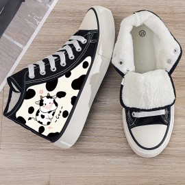 Cow Print Canvas Sneakers - Flat Heighten with Chunky Sole, Durable Non-Slip Traction - Stylish High Tops for Casual Outdoor Walking - Enhanced Cushioning, Lightweight & Breathable