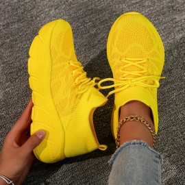 Vibrant Yellow Breathable Knit Sneakers, Athletic Running Shoes, Comfortable Lightweight Fabric, Trendy Sports Footwear, Casual Walking Shoes