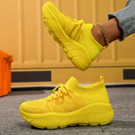 Vibrant Yellow Breathable Knit Sneakers, Athletic Running Shoes, Comfortable Lightweight Fabric, Trendy Sports Footwear, Casual Walking Shoes