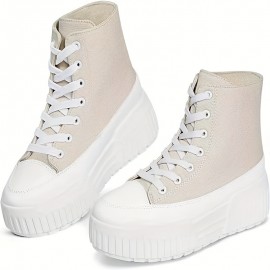 Trendy Womens Beige High Top Platform Sneakers - Comfortable Lace-up Design for Casual Style - Perfect Everyday Canvas Shoes for Fashionable Women and Girls