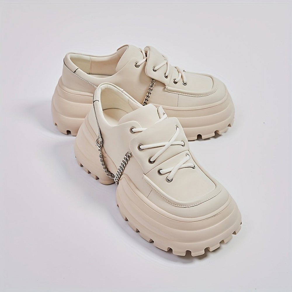 Women's Chain Decor Round Toe Versatile Platform Sneakers, Height Increased Thick Sole Athletic Casual Walking Shoes