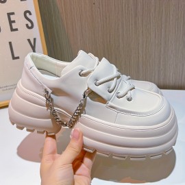 Women's Chain Decor Round Toe Versatile Platform Sneakers, Height Increased Thick Sole Athletic Casual Walking Shoes