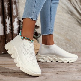 Women's Solid Color Lightweight Knit Chunky Socks Sneakers, Mesh Slip-on Walking Shoes, Comfy Outdoor Casual Sneakers