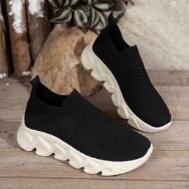 Women's Solid Color Lightweight Knit Chunky Socks Sneakers, Mesh Slip-on Walking Shoes, Comfy Outdoor Casual Sneakers