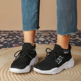 Women's Fashion Breathable Knitted Sneakers, Black Solid Color, Casual Lace-Up Outdoor Shoes With Low-Top Design