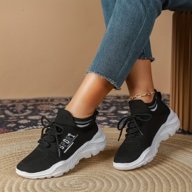 Women's Fashion Breathable Knitted Sneakers, Black Solid Color, Casual Lace-Up Outdoor Shoes With Low-Top Design