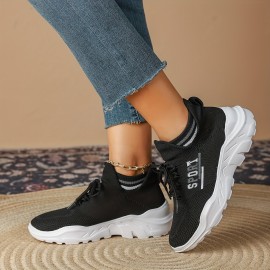 Women's Fashion Breathable Knitted Sneakers, Black Solid Color, Casual Lace-Up Outdoor Shoes With Low-Top Design