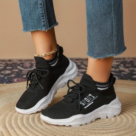 Women's Fashion Breathable Knitted Sneakers, Black Solid Color, Casual Lace-Up Outdoor Shoes With Low-Top Design