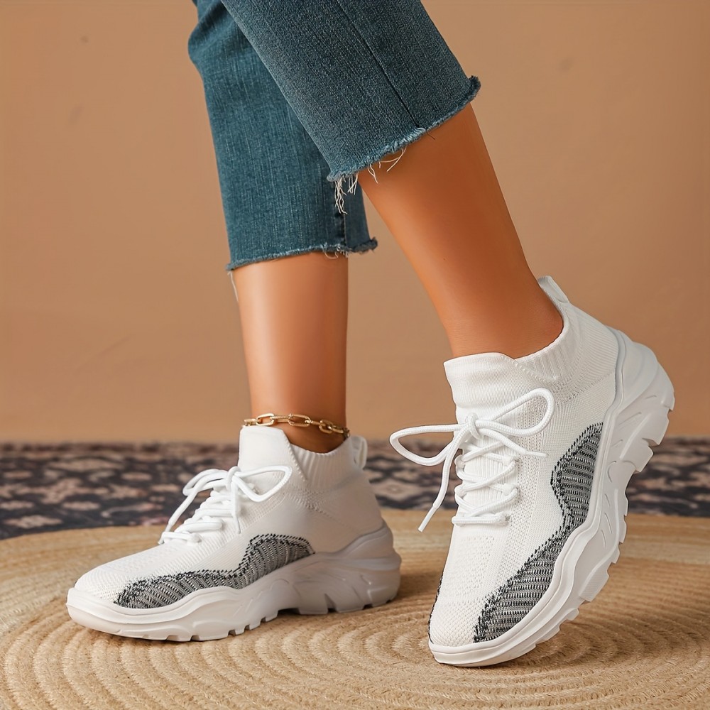 Women's Fashionable Breathable Knit Sneakers, Casual Low-Top Outdoor Shoes, For All Season