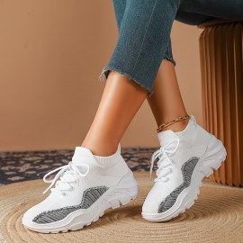 Women's Fashionable Breathable Knit Sneakers, Casual Low-Top Outdoor Shoes, For All Season