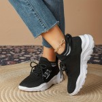 Women's Fashion Breathable Knitted Sneakers, Black Solid Color, Casual Lace-Up Outdoor Shoes With Low-Top Design