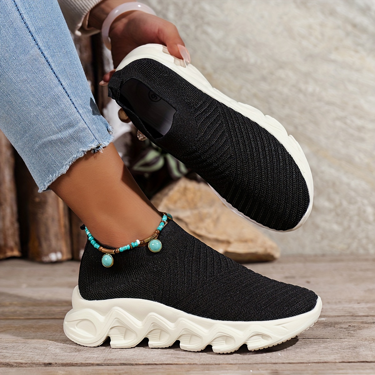 knit chunky socks sneakers women s solid color lightweight details 2