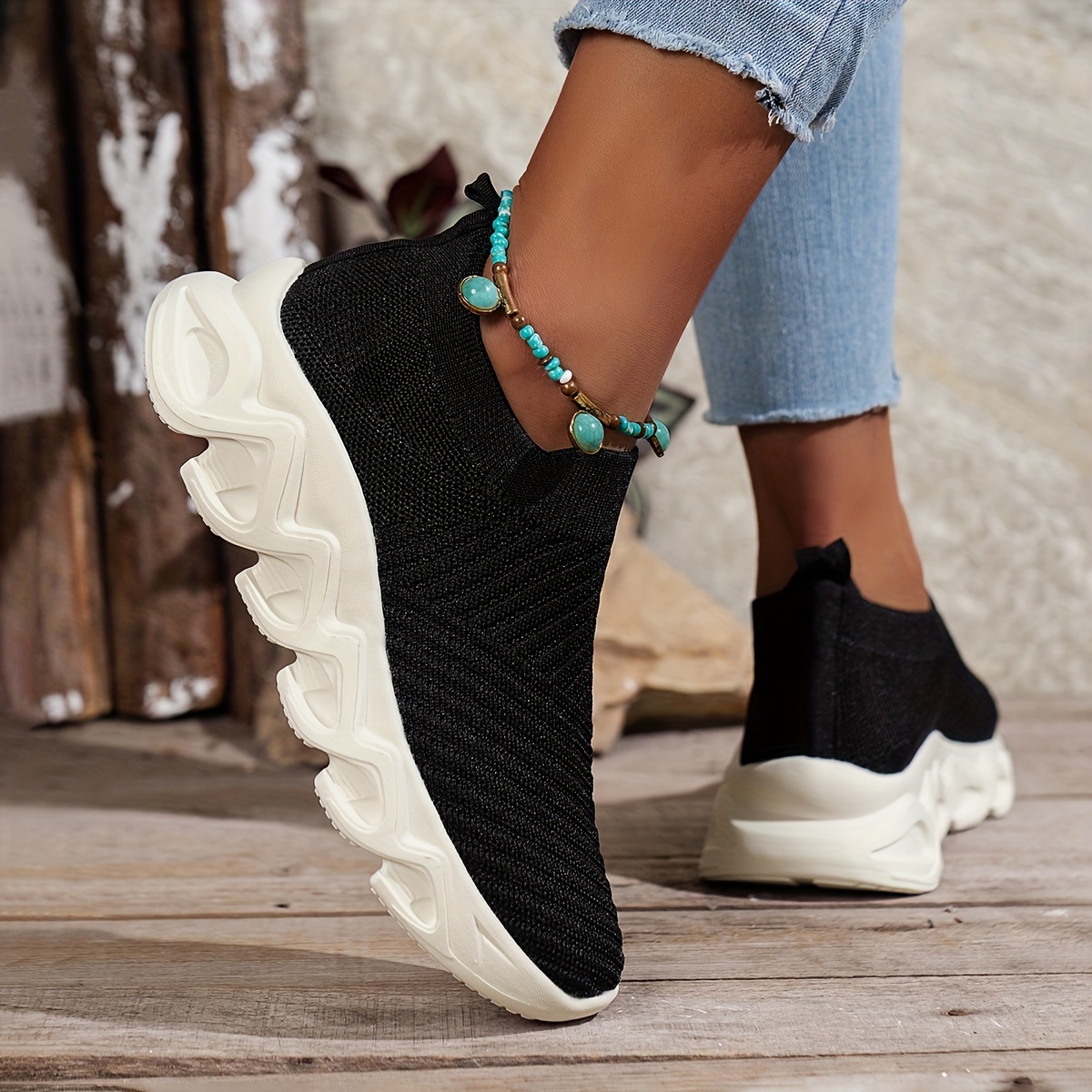 knit chunky socks sneakers women s solid color lightweight details 5