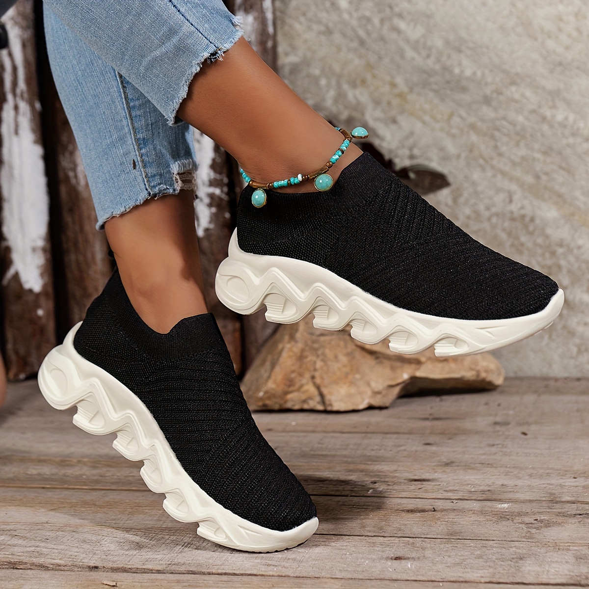 knit chunky socks sneakers women s solid color lightweight details 8