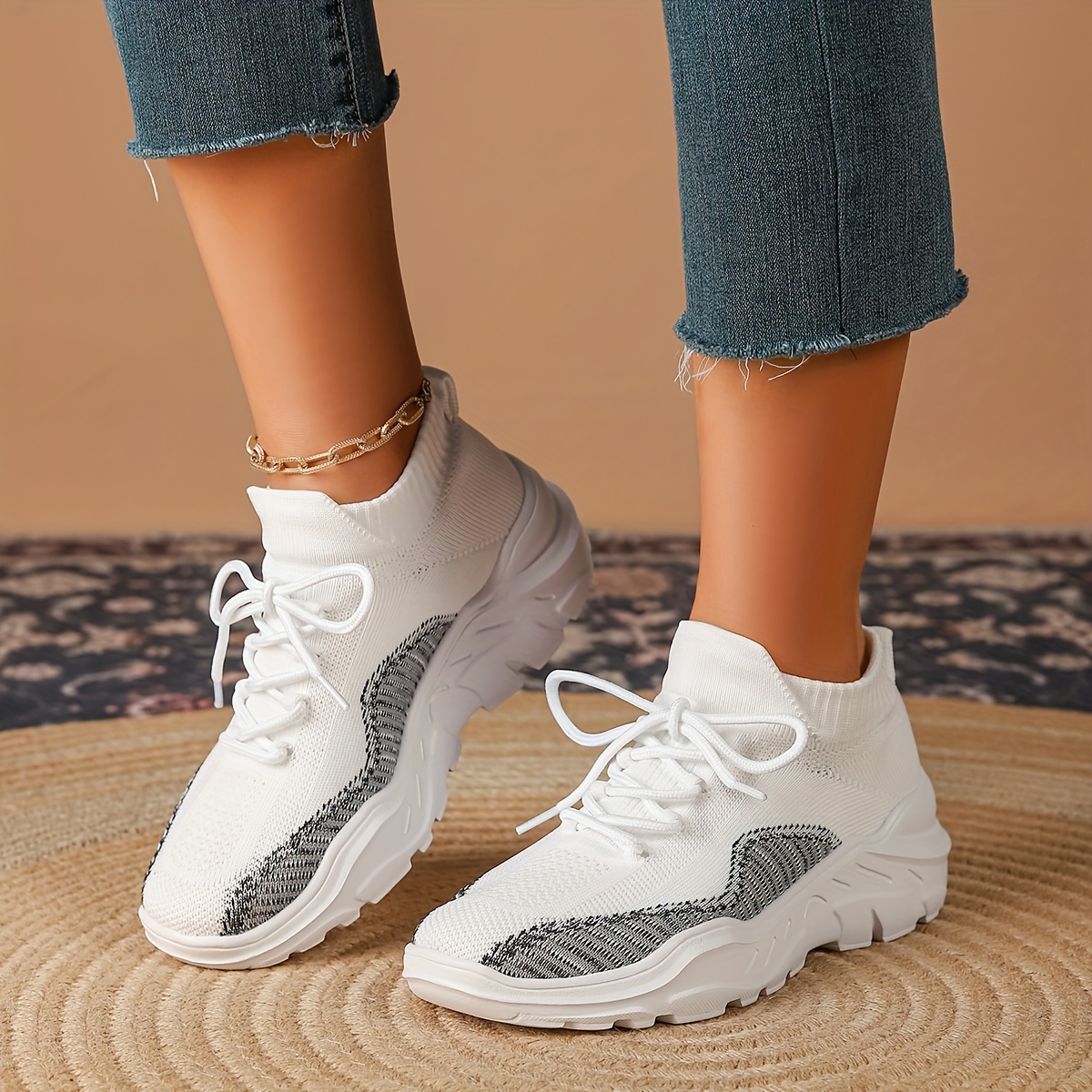 Women s Fashionable Breathable Knit Sneakers, Casual Low-Top Outdoor Shoes, For All Season details 0