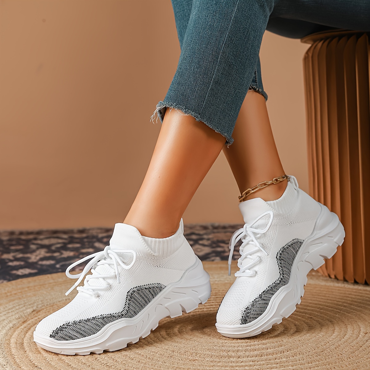 Women s Fashionable Breathable Knit Sneakers, Casual Low-Top Outdoor Shoes, For All Season details 3