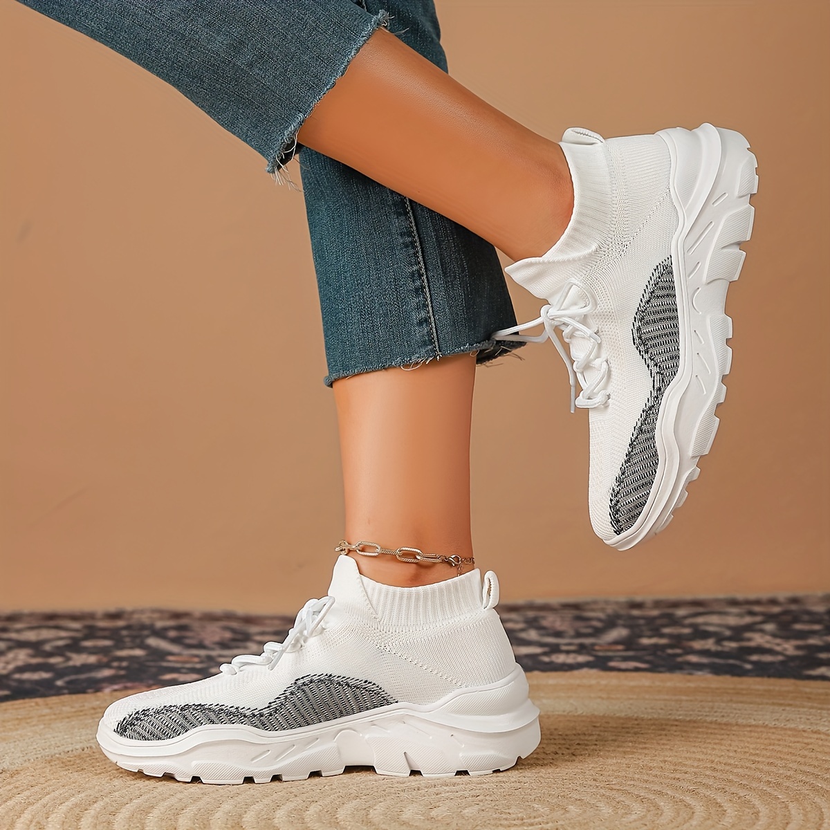 Women s Fashionable Breathable Knit Sneakers, Casual Low-Top Outdoor Shoes, For All Season details 4