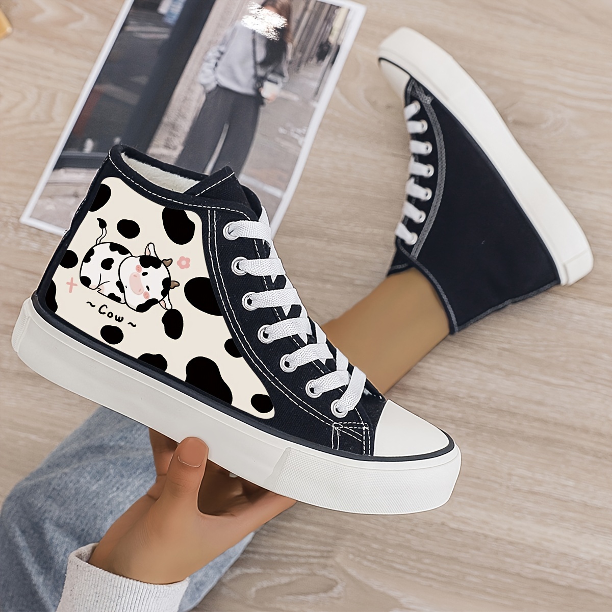 Cartoon Milk Cow Graphic Print Casual Ankle Canvas Shoes For Men Fuzz Lined Breathable Anti Skid Lace Up Shoes For Outdoor Daily Autumn And Winter Men s Shoes Temu details 0