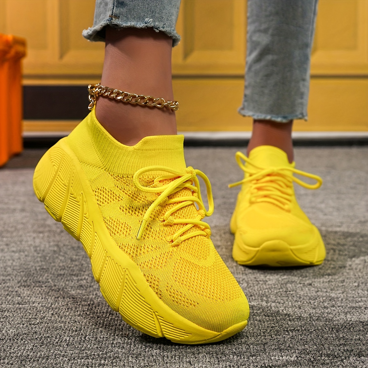 knit sneakers vibrant yellow breathable athletic running details 2