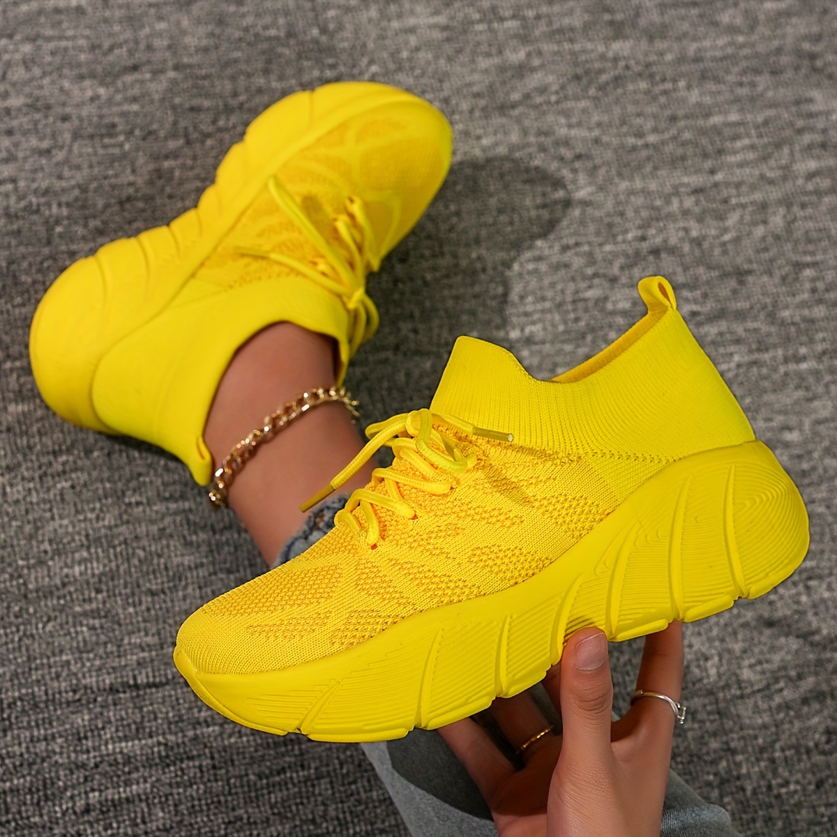 knit sneakers vibrant yellow breathable athletic running details 3