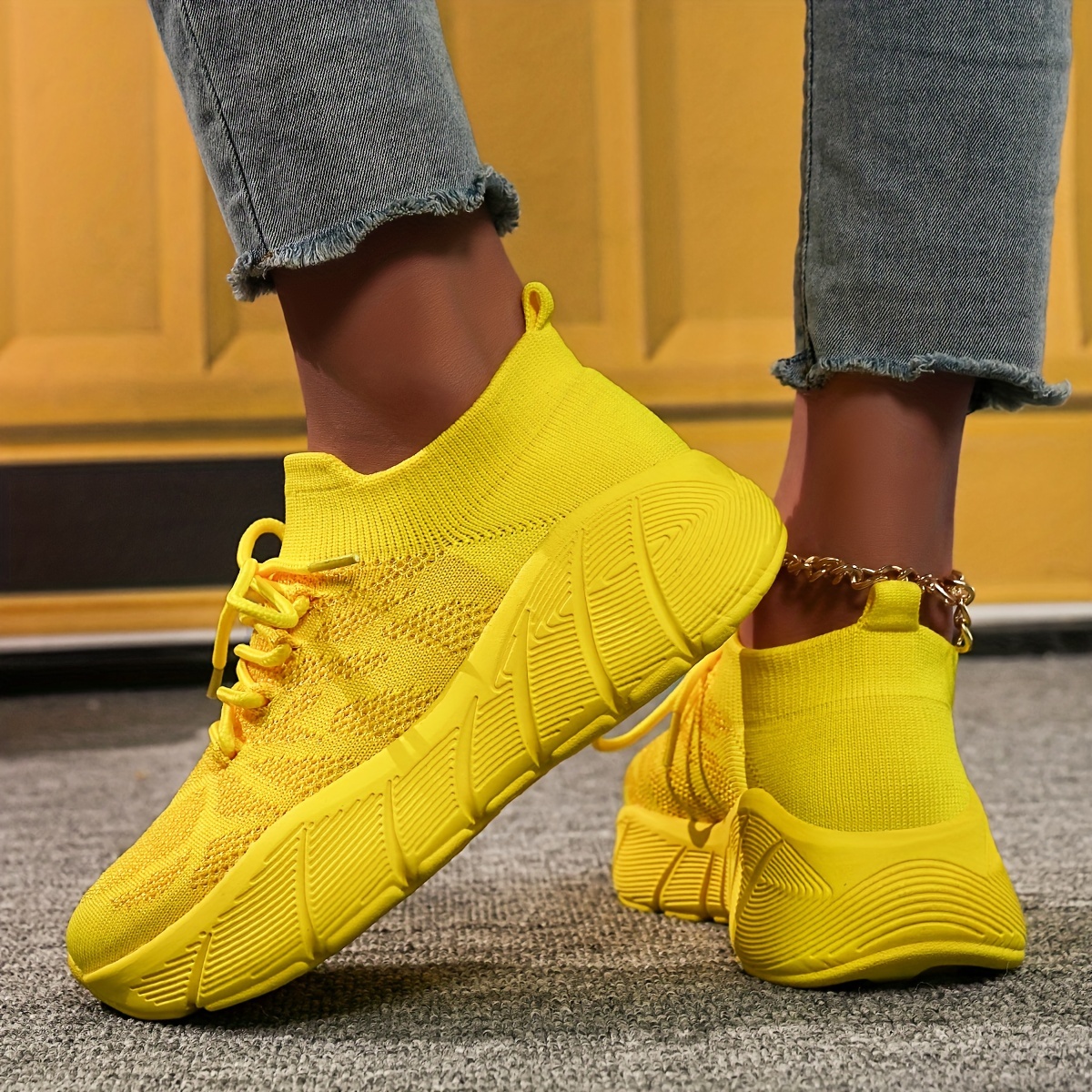 knit sneakers vibrant yellow breathable athletic running details 4